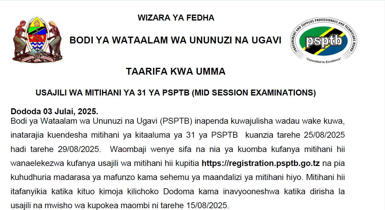 TAARIFA KWA UMMA - USAJILI WA MITIHANI YA 31 YA PSPTB (MID SESSION EXAMINATIONS)
